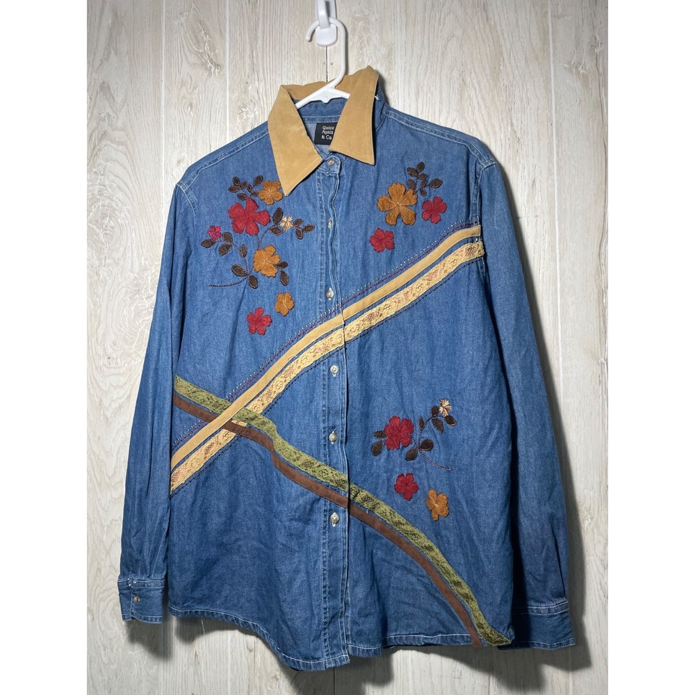 Vintage Quizz Again Denim Floral Embroidered Shirt Long Sleeve Camp Size M